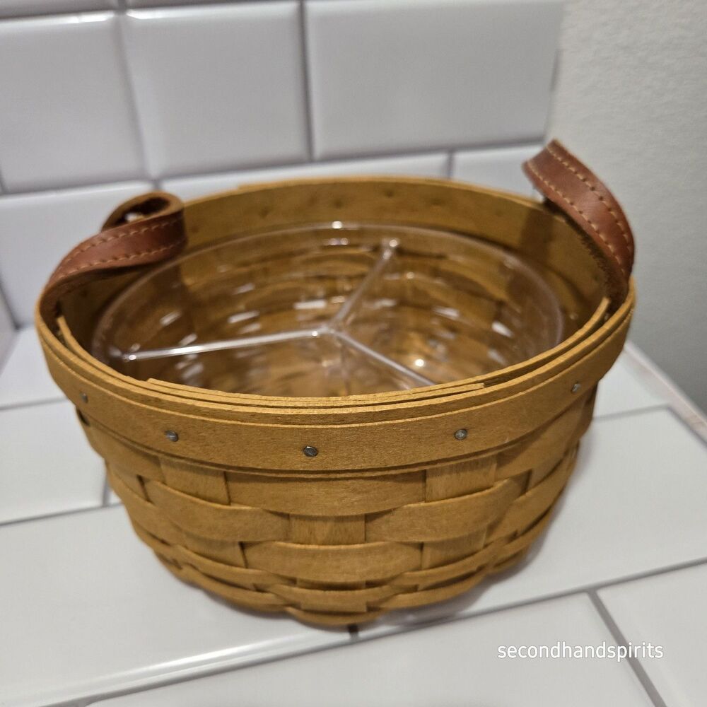 Longaberger Round Button Basket Set w 3-Section Plastic Divided Protector